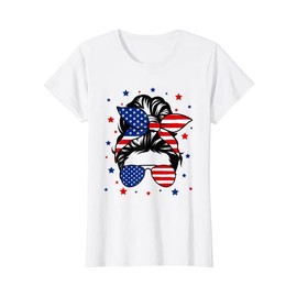 Womens Women Girls Messy Bun USA Flag Glasses 4th of July Patriotic T-Shirt