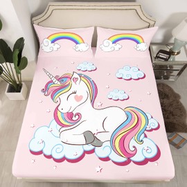 Loussiesd Children's Fitted Sheet 90 x 200 cm Girls Unicorn Pink Cartoon Unicorn Rainbow Clouds Print Bed Sheet Set for Teenagers Women Cute Animals Decorative Fitted Sheet Microfibre