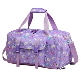 Kids Overnight Duffel Bags,Kasqo Girls Dance Bag Water Resistant Sports Gym Ballet Bag for Teens Travel Bag School Weekender Carry On Tote with Shoes Compartment Dry Wet Pocket,Purple Butterfly