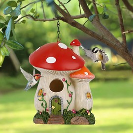 Bluebird Houses for Outside, Bird Houses for Outside, Mushroom Cute Resin Birdhouses for Outdoors, Weatherproof Courtyard Decorated Hanging Bird House, Nesting Bird House, Gift for Bird Lovers (Red)