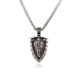 MayiaHey Hip Hop Knight Templar Cross Shield Necklace for Men, Vintage Crusader Sword Necklace Punk Angel Wing Necklace (Silver)
