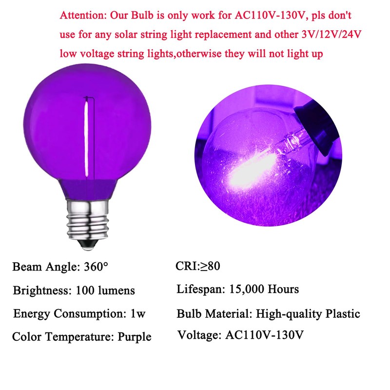 LRSUEYSKIN G40 Purple LED Replacement Bulb 1W Light Bulbs Shatterproof