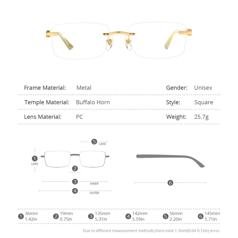 HEPIDEM 100% Really Buffalo Horn Handmade Glasses Frame Square Rimless