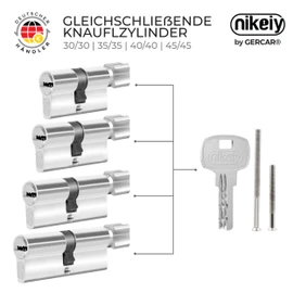 GERCAR Profile Cylinder, Locking Cylinder, 35/35 mm, Knob Cylinder Door Lock, Includes 10 Keys, Keyed Alike, Length: 70 mm, A: 35 mm, B: 35 mm, Set of 4