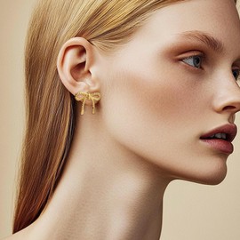 Frigotine Gold Bow Stud Earrings for Woman, Cute Statement Textured Ribbon knot Earing Prom Bridal Wedding Accessories Fashion Preppy Jewelry Gifts