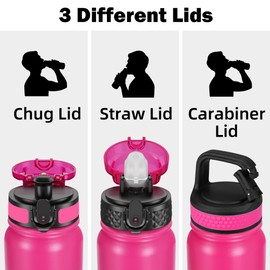 Oldley Insulated Water Bottle 20oz Water Bottles with Straw, Stainless Steel Water Bottle with 3 Lids, Double Wall Vacuum Bottels for Adults School Kids,Leak-Proof Sport Bottles, Rose Red-Green