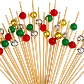 200 Pcs Christmas Cocktail Picks 4.7 Inch Christmas Colorful Bead Handmade Sticks Bamboo Pearl Toothpicks Cocktail Sticks for Drinks Christmas Day Decorations Cupcake Toppers Cocktail Party Supplies