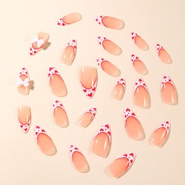Valentine's Day Press on Nails with French Red Heart Design White French Nails Press ons Cute Bow Stick on Nails False Nails Heart Full Cover Acrylic Nails Valentine's Gift for Women DIY Charms Nails