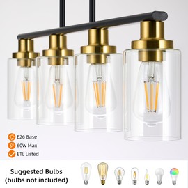 KPIOK Island Lights for Kitchen, 4-Light Farmhouse Dining Room Light Fixtures Over Table, Matte Black and Gold Linear Chandeliers for Dining Room，Industrial Pendant Lighting with Clear Glass Shade