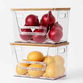 2-Pack Stackable Potato and Onion Storage Bins with Ventilated Mat – Clear Acrylic Pantry Organizers with Bamboo Lid, Kitchen Countertop Baskets for Vegetables, Fruits, Produce & More