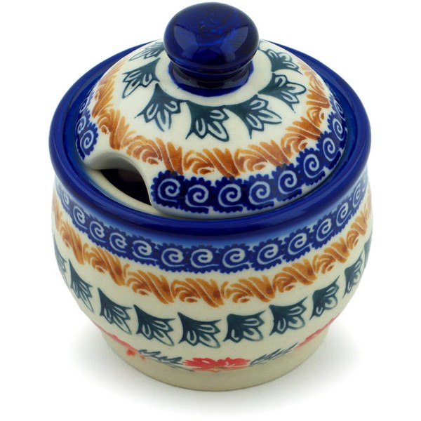 Authentic Polish Pottery Sugar Bowl 9 oz in Red Cornflower