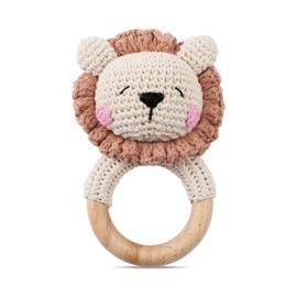 Wooden Baby Rattle，Crochet Lion Rattle with Wood Ring, Newborn Wooden Animal Rattle Toy，Infant Lion Wood Rattle Toys