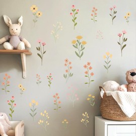 GIOGUK Flower Wildflower Wall Decal - Flower Wildflower Floral Decorations Wall Stickers, Wall Decorations for Living Room, Bedroom, Baby's Room, Nursery, Floral Sign Decal Pink Yellow Peach