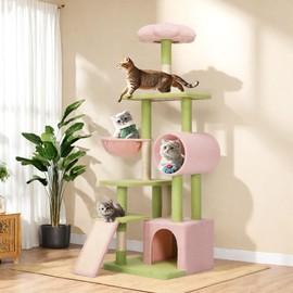 YITAHOME 65in Tall Flower Cat Tree Tower: Cute Kitten Climbing Tower for Indoor Cats with Kitty Condo Basket Tunnel Sisal Scratching Posts and Board, Pink and Green