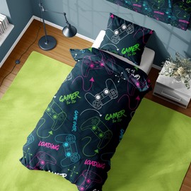 Gamer Single Duvet Cover - Neon Gaming Controllers Design - Reversible Bedding Set - Polycotton