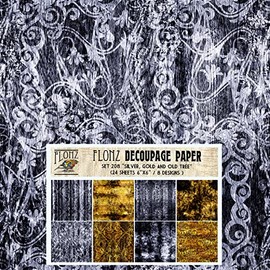 Decoupage Paper Pack (24 Sheets 6"x6") Silver Gold and Old Tree # Vintage Styled Seamless Art Deco Pattern Paper for Decoupage, Craft and Scrapbooking