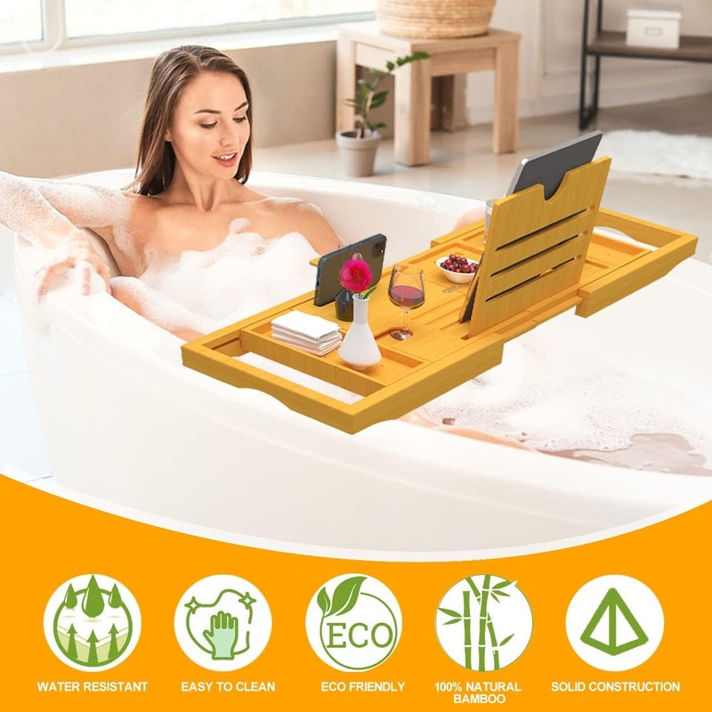 Premium Expandable Bamboo Bathtub Tray Caddy - Fits Most Bath