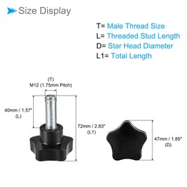 CoCud Star Clamping Knobs M12 x 40 mm Plug Thread 47 mm Head Plastic Thumb Screw Handles Hand Knobs Thread Bolts Black - (Use: for Lathes) Pack of 2