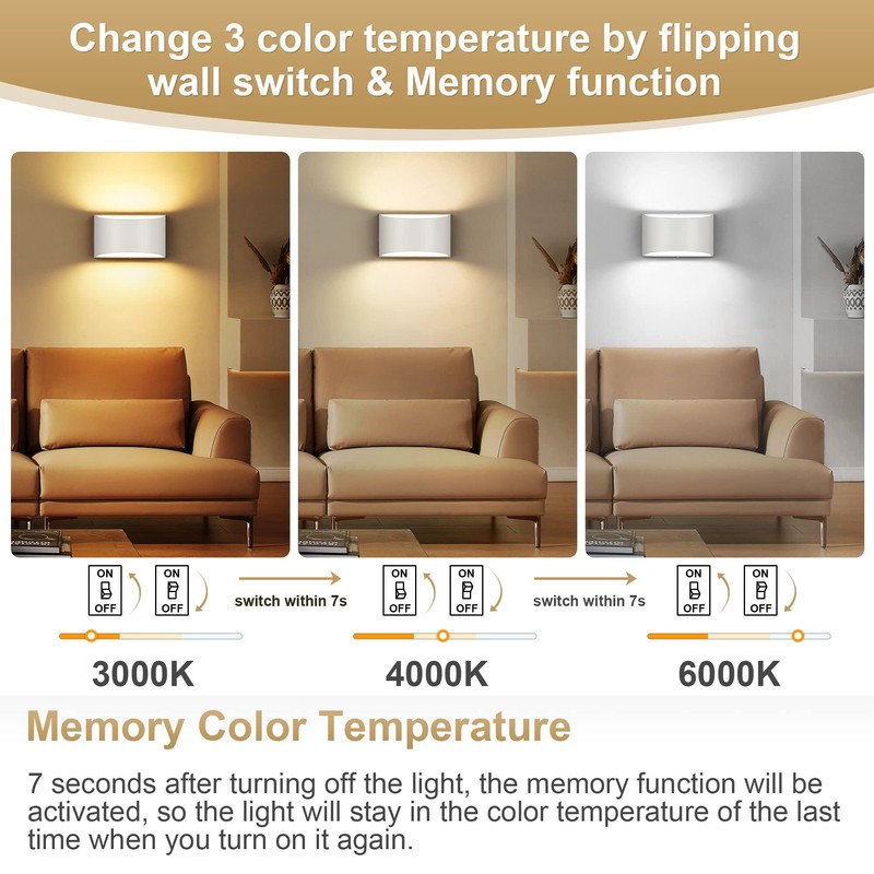 TRLIFE Dimmable Wall Sconces, 3000K/4000K/6000K Selectable Modern LED Wall Sconce