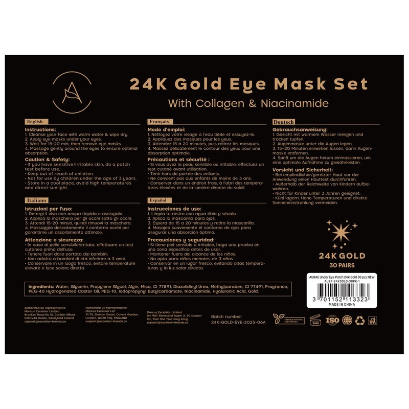AURAE 24K Gold Under Eye Gel Patches (30 Pairs) -