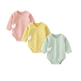 IADOER Newborn Cotton Baby Girls Boys Solid Bodysuit Long Sleeve Romper 3-pack One-Piece Baby Clothes, Green+pink+yellow, 6-9 months