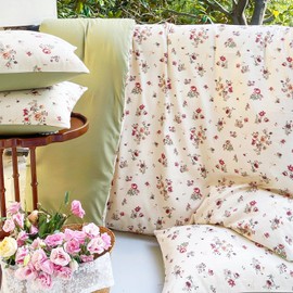 Sedefen Bed Linen 135 x 200 cm Green Beige Leaves Floral Pattern Reversible Microfibre Vintage Duvet Cover and 1 Pillowcase 80 x 80 cm with Zip