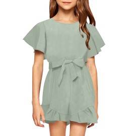 Looks Cute Girls’ Crew Neck Trim Short Sleeve High Waist Ruffle Jumpsuits With Belt