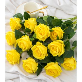Ramo de rosas artificiales de seda con tallo largo para decoración del hogar, boda, fiesta - 12 unidades, amarillo