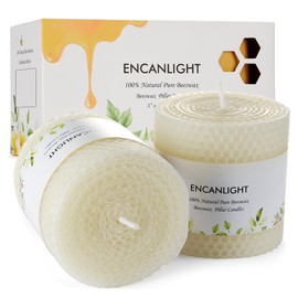 Beeswax Pillar Candles, 3x3 Inch White Hand-Rolled Honeycomb Pillar Candle Set of 2 - Dripless and Smokeless, Approx 12 Hours Hurn for Home Decor, Party, Wedding, Dinner