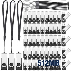 Aoriher 50 Memorias USB 2.0, Memorias USB Portátiles con Cordones, Unidades Flash Giratorias Memorias USB para Oficina Escuela Almacenamiento de Datos (Negro, Plata, 512 MB)