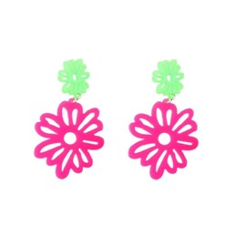 Neon 60s 70s Hollow Daisy Flower Dangle Earrings for Women Retro Acrylic Double Sunflower Layered Drop Earrings Jewelry Gift-Hot Pink