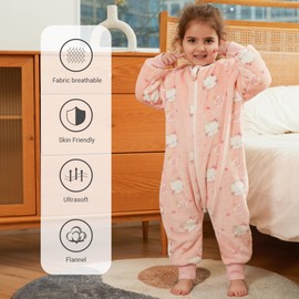 HAHASHOW Baby Winter Sleeping Bag with Feet, Flannel Sleeping Bag with Long Sleeves, Girls and Boys Sleeping Bag with Legs, 5-6 Years, Cat