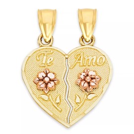 Golden Fire Jewelry Solid Gold Te Amo Separating Heart Pendant in 10k or 14k, Couples Jewelry - 10k, 18 in
