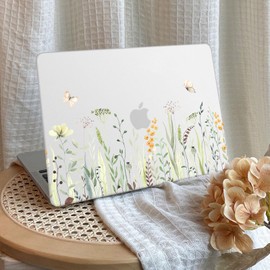 G JGOO Compatible with MacBook Air 13 inch Case 2024 2023 2022 Release M3 A3113 M2 A2681, Plastic Laptop Hard Shell for MacBook Air 13.6 inch Case + Keyboard Cover + Screen Protector, Green Flowers