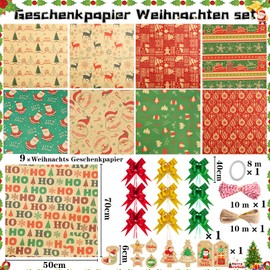 Cheloveer Christmas Wrapping Paper Set, Christmas Wrapping Paper, Gift Wrapping Paper, Elk, Nostalgic Kraft Paper, Brown, Natural, Sustainable, Recycled