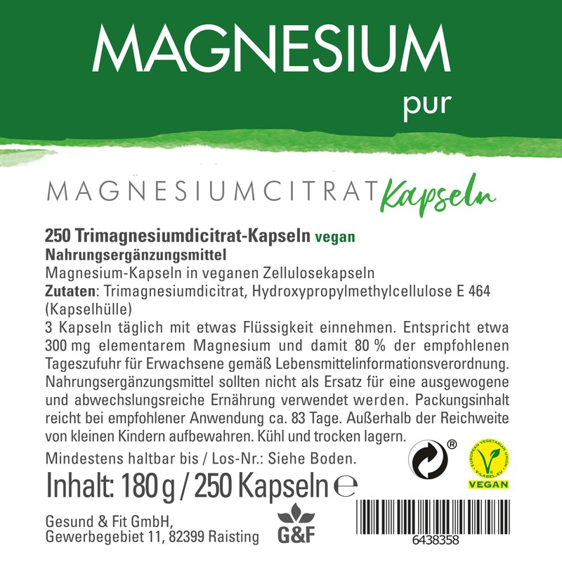 Magnesium Pure Magnesium Citrate Capsules Vegan Pack of 250 High