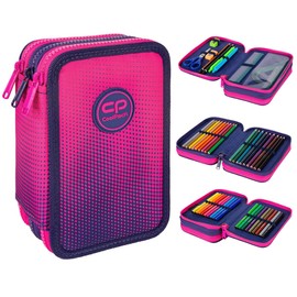 COOLPACK XXL Pencil Case 3-Compartment School Pencil Case Triple Pencil Case for One Girl Ombre Pink Pencil Case 44-Piece Filled Student Case 3-Tier Pink Pencil Case