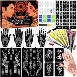 Temporary Stencils Tattoos Kit, 6 Pcs Tattoo Cones 4 Color (2 Black 2 Brown 1 Maroon 1 Cherry Red) with Gloves Brush Tool,DIY Body Art Skin Painting Designs for Women Men Kids Party Gifts
