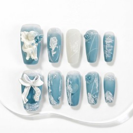 Sun&Beam Nails Handmade Nail Tips Medium Long Ballerina Green Green Butterfly Flower Popular 3D Stylish Cute Design False Nail with Storage Box Pack of 10 (XS, #08 Angel Blue)