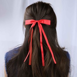 TseenYi Bow Satin Hair Clip Red Bow Hair Clip Long Tassel Tail Bow Knot Clips Large Bow Tie Tail Hair Clip Bridal Satin Ribbon Hair Clip Winter Ribbon Bow Accessories