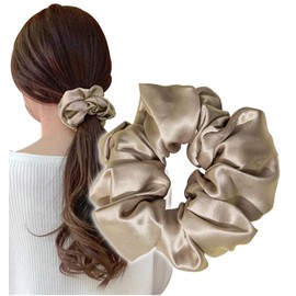 Herbeluemily Scrunchie 100% Silk Hair Rubber Gentle on Hair and Won't Leave Traces, Mother's Day, Stylish Adult, Set of 1, Champagne Gold L