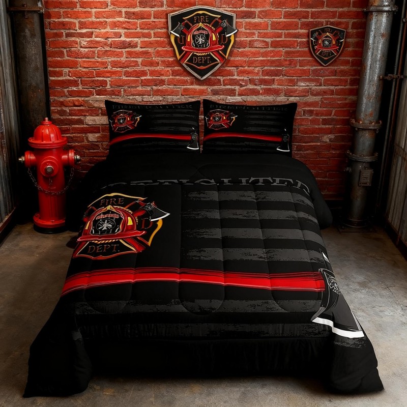 Firefighter Comforter Set Queen Size,American Flag Geometric Stripes Bedding Set,Boys