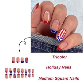 Maigitur Independence Day Press On Nails Short Square False Nails with Red Blue USA Flag Designs French Tips Glossy Nude Acrylic Nails 24Pcs Set