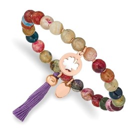 Auriga Fine Jewelry Stainless Steel Polished Rose IP-plated Clover 6mm Multi Color Agate Beaded with Tassel Stretch Bracelet 6.25"