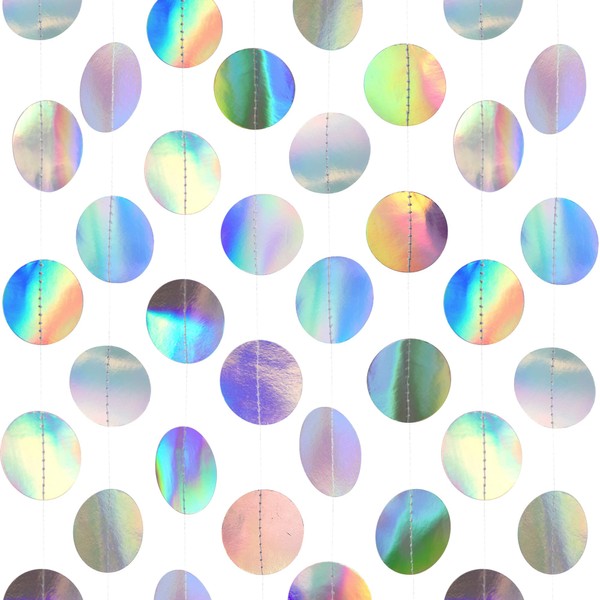 65.6Ft Iridescent Disco-Holographic Silver Circle Dots Garland, Dots Party Streamers