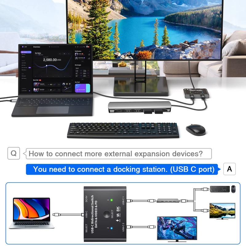 USB C Switch 2 in 1 Out USB C Switcher