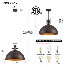 ALAISLYC 12 Inch Oil Rubbed Bronze Farmhouse Pendant Lights Large Pendant Lights for Kitchen Island Industrial Adjustable Height Vintage Big Dome Hanging Light Fixtures for Barn, Dining Room 2 Packs