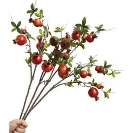 Forlaoers 4pcs 31" Tall Red Berries Pomegranate Faux Plants Stem Fake Tree Branches with Fruits Leaves Artificial Flowers for Outdoors Home Decor Office Fall Wedding Engagement Party Decorations