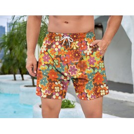 PIANHAUE Mens Swim Trunks with Compression Liner 5 Inch Inseam Quick Dry 70S Vintage Party Swimwear Bathing Suit Swim Board Shorts with 4 Pockets