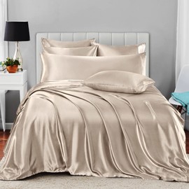 Homiest 7pcs Satin Sheets Queen Size Bed Set Satin Sheet Set, Taupe Bed Sheets Luxury Silky Satin Bedding Set, 1 Deep Pocket Fitted Sheet, 1 Soft Flat Sheet, 4 Pillowcases, 1 Body Pillowcase